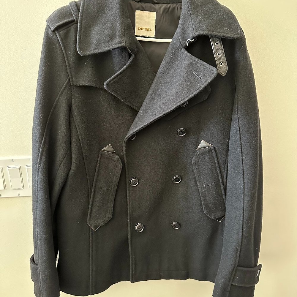 DIESEL Pea coat Mens L Black Double Breasted Jacket